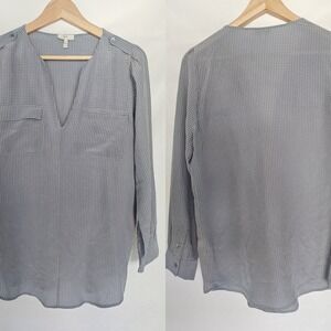 Joie Silk Blue White Long Sleeve Blouse Tunic White Dot Print V Neck Career‎ XS